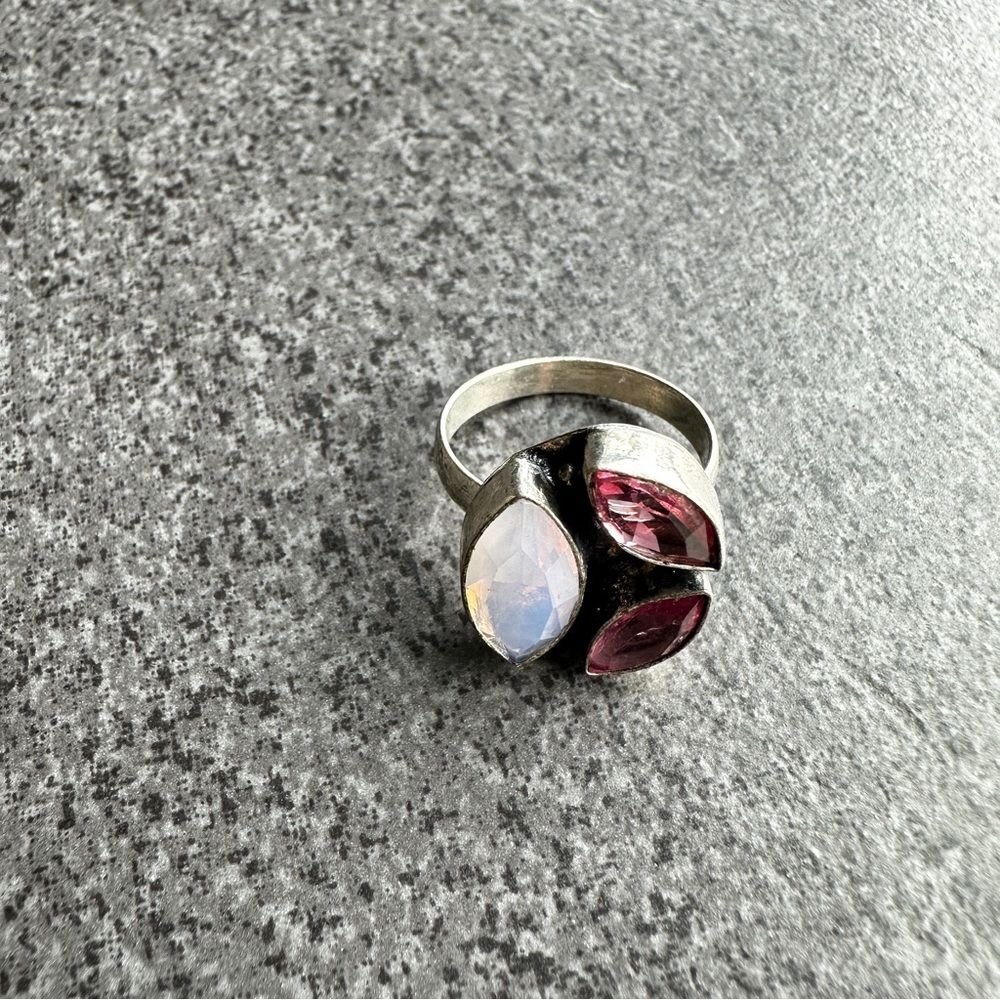NEW Elegant Opalite Pink Tourmaline Marquise Gemstone Silver Statement Ring Sz 8 - Picture 8 of 12